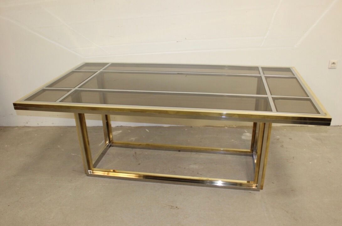 Dining table in chrome-plated steel and brass by Romeo Rega circa 1970