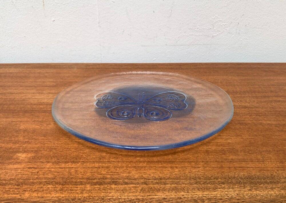 Grande assiette en verre scandinave vintage avec motif papillon, années 1970
