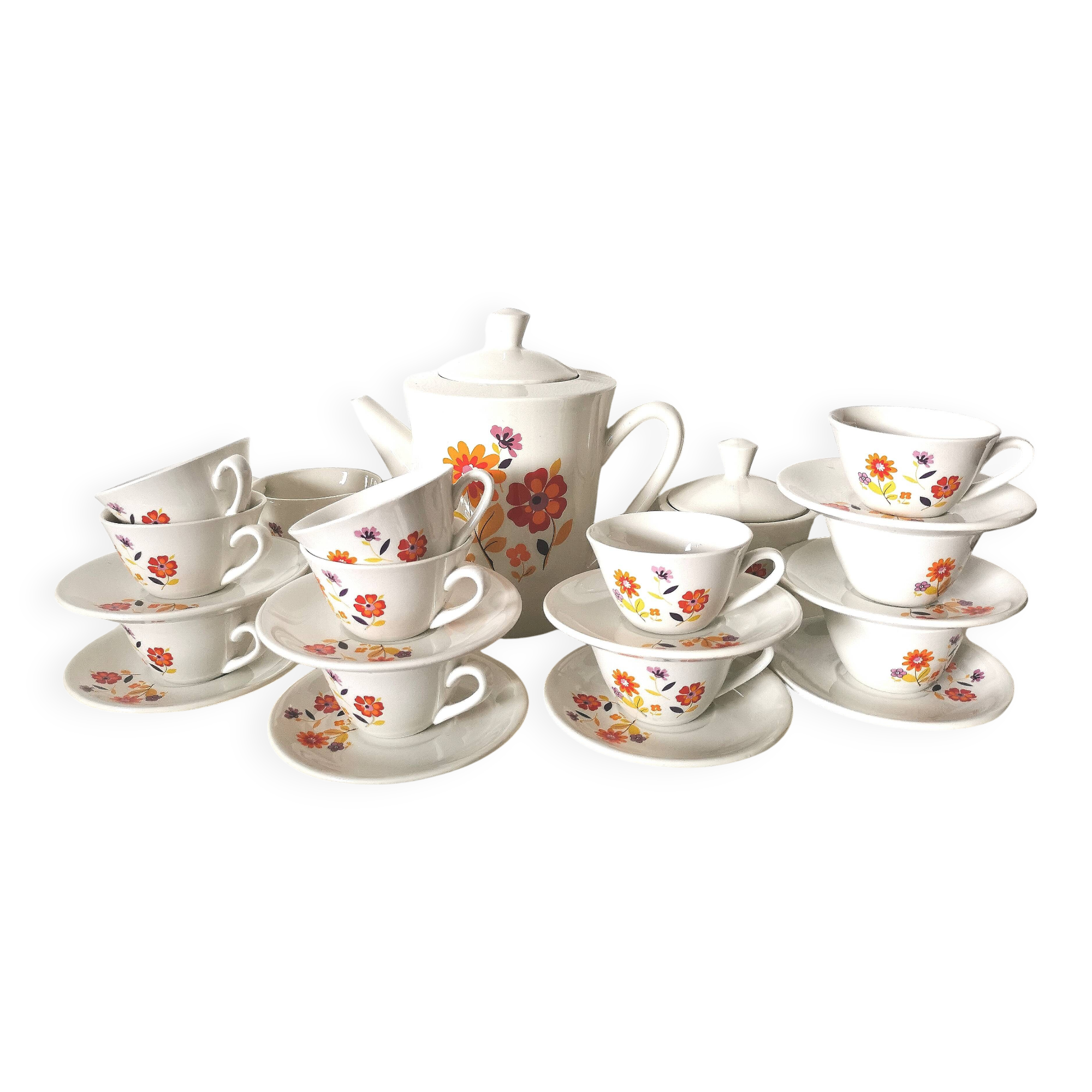 Ceramic coffee or tea service moulin des loups (orchies) flower from the 60s