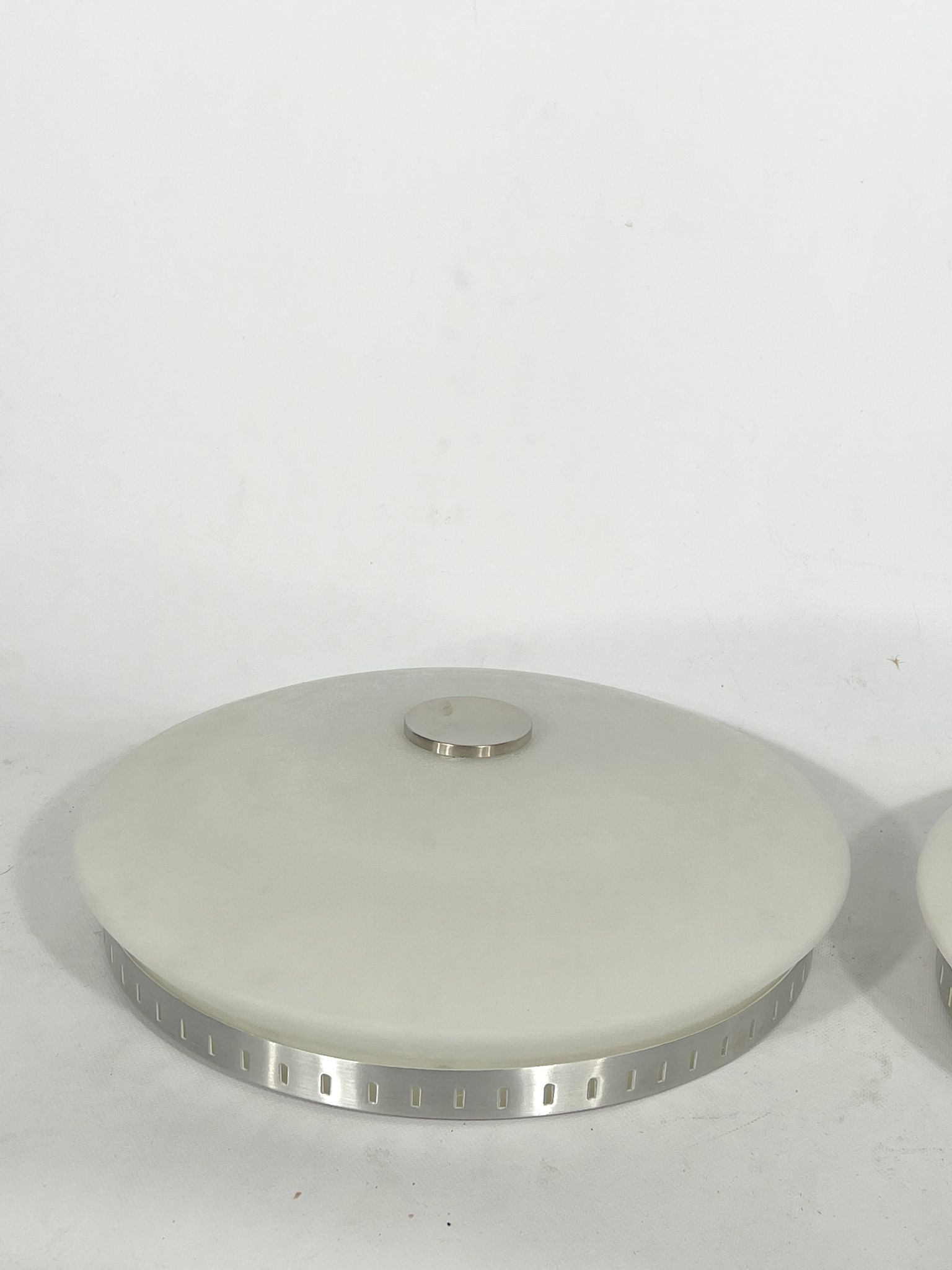 Stilux Milano, pair of round opaline glass ceiling lamps. 1960s