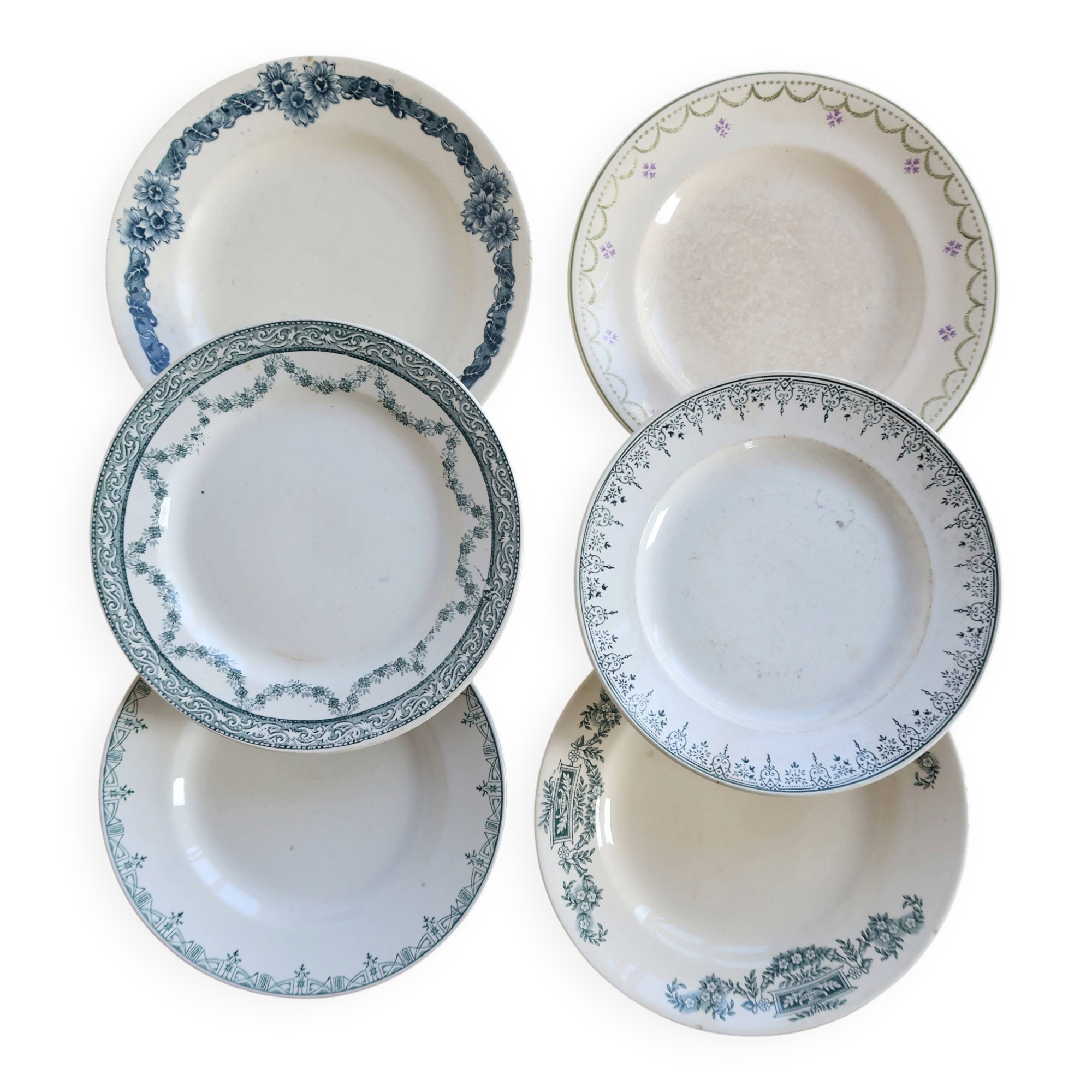 6 mismatched vintage ironstone plates – Green and blue patterns