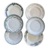 6 assiettes vintage dépareillées terre de fer – Décors verts et bleus