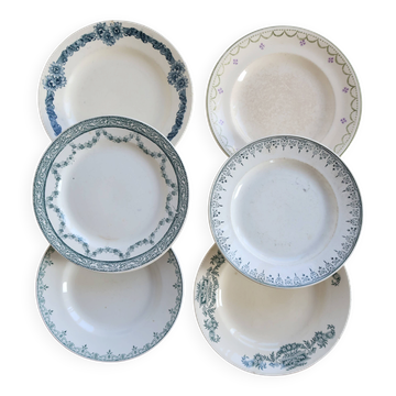 6 mismatched vintage ironstone plates – Green and blue patterns