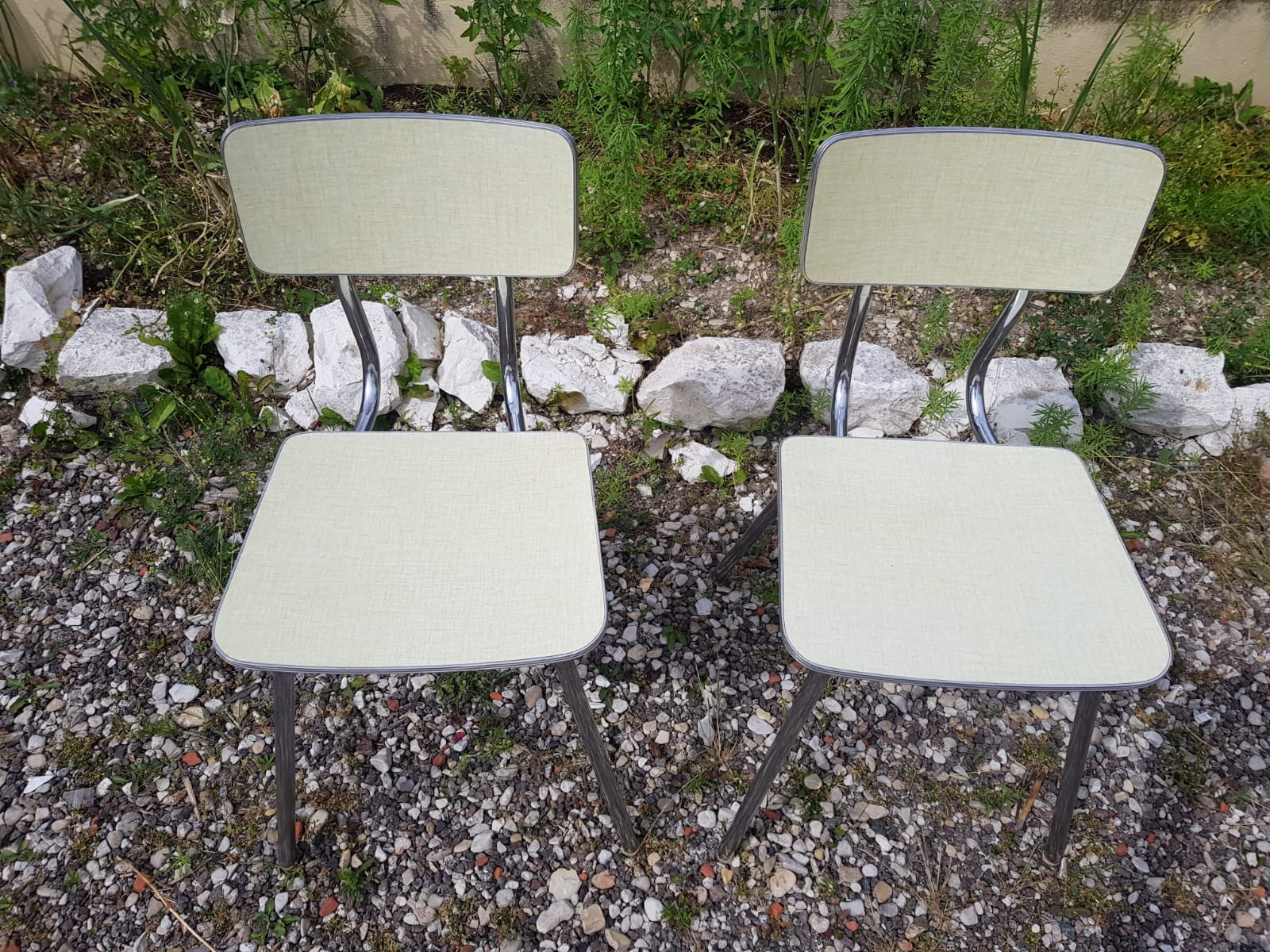 Pair plastilux chrome metal chair & formica + plate 50s vintage