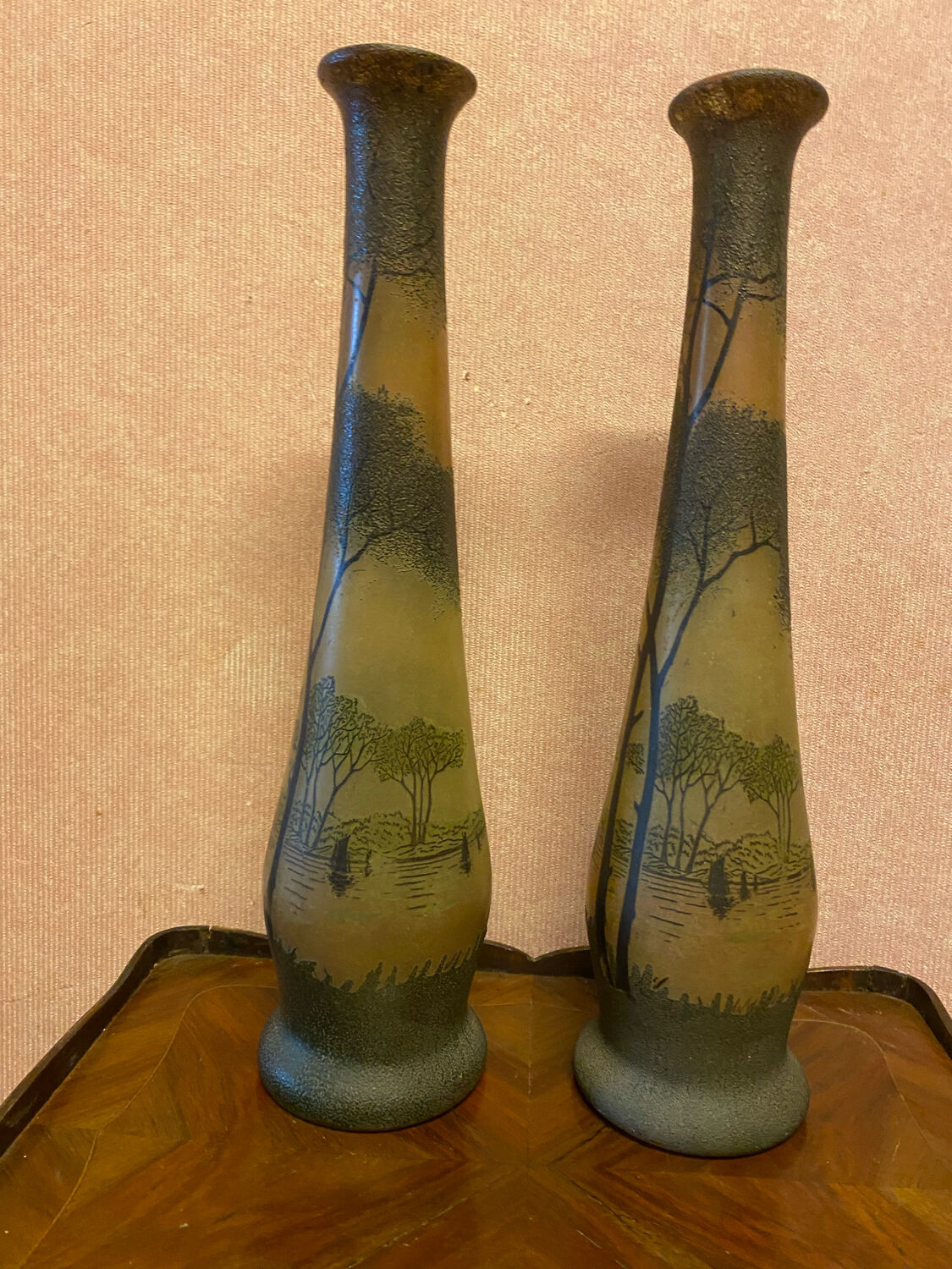 Pair of frosted glass vases, lake scene