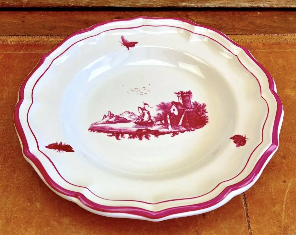 6 old Gien soup plates, pink landscape, 1938/1960