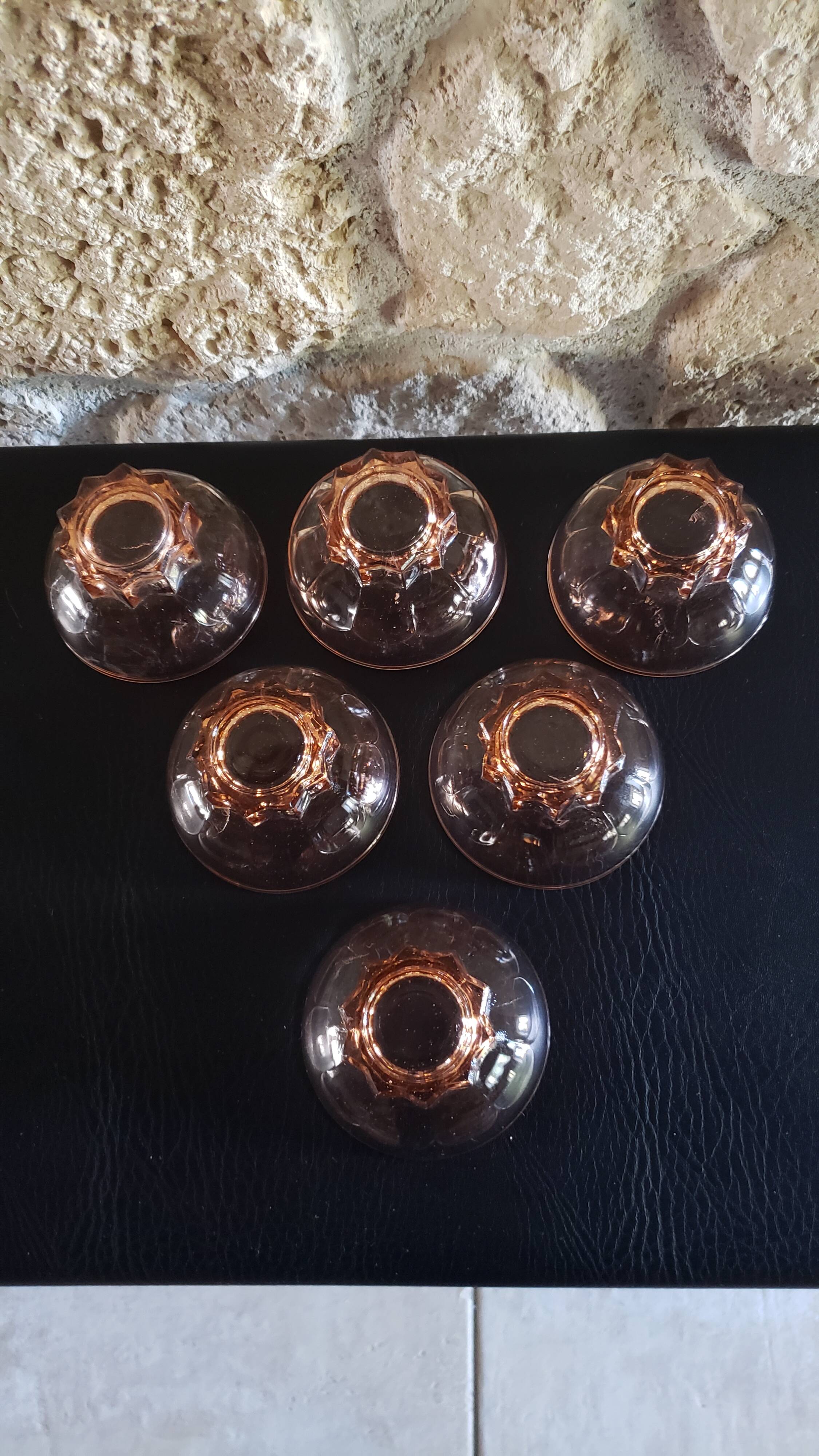 6 pink glass cups with star base