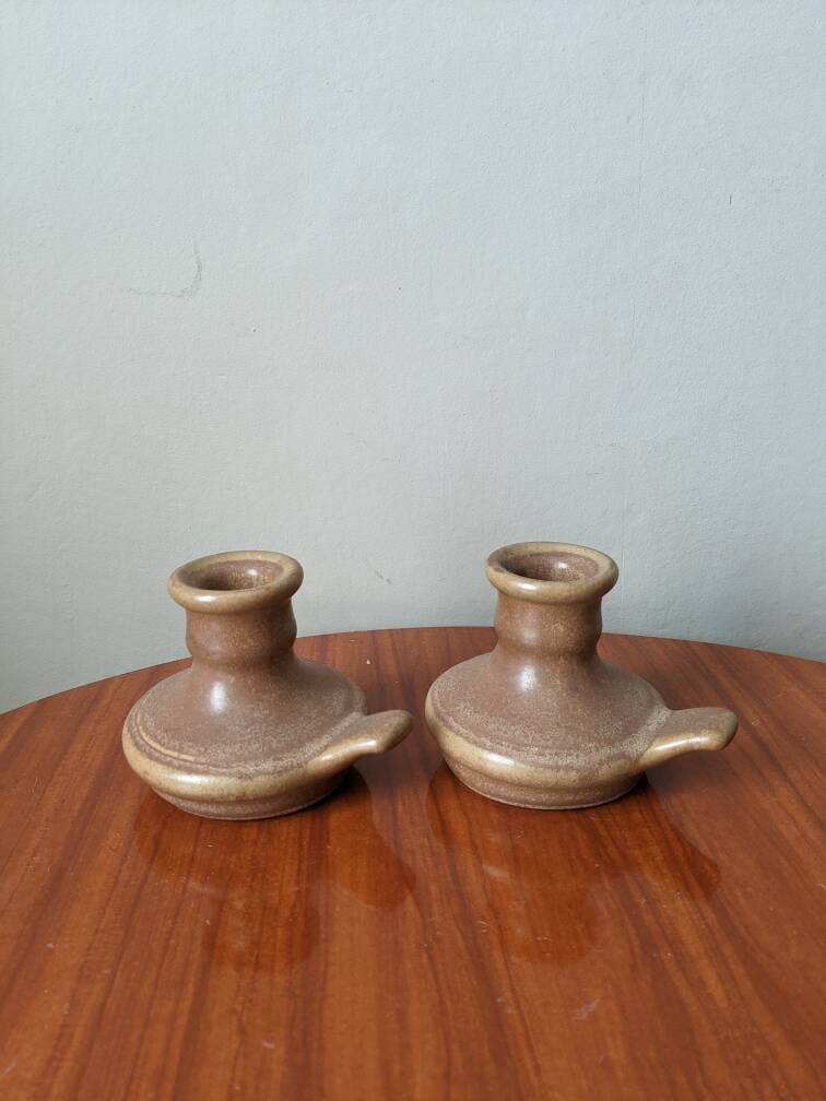 Pair of slow handcrafted stoneware candlesticks, bohemian country decor