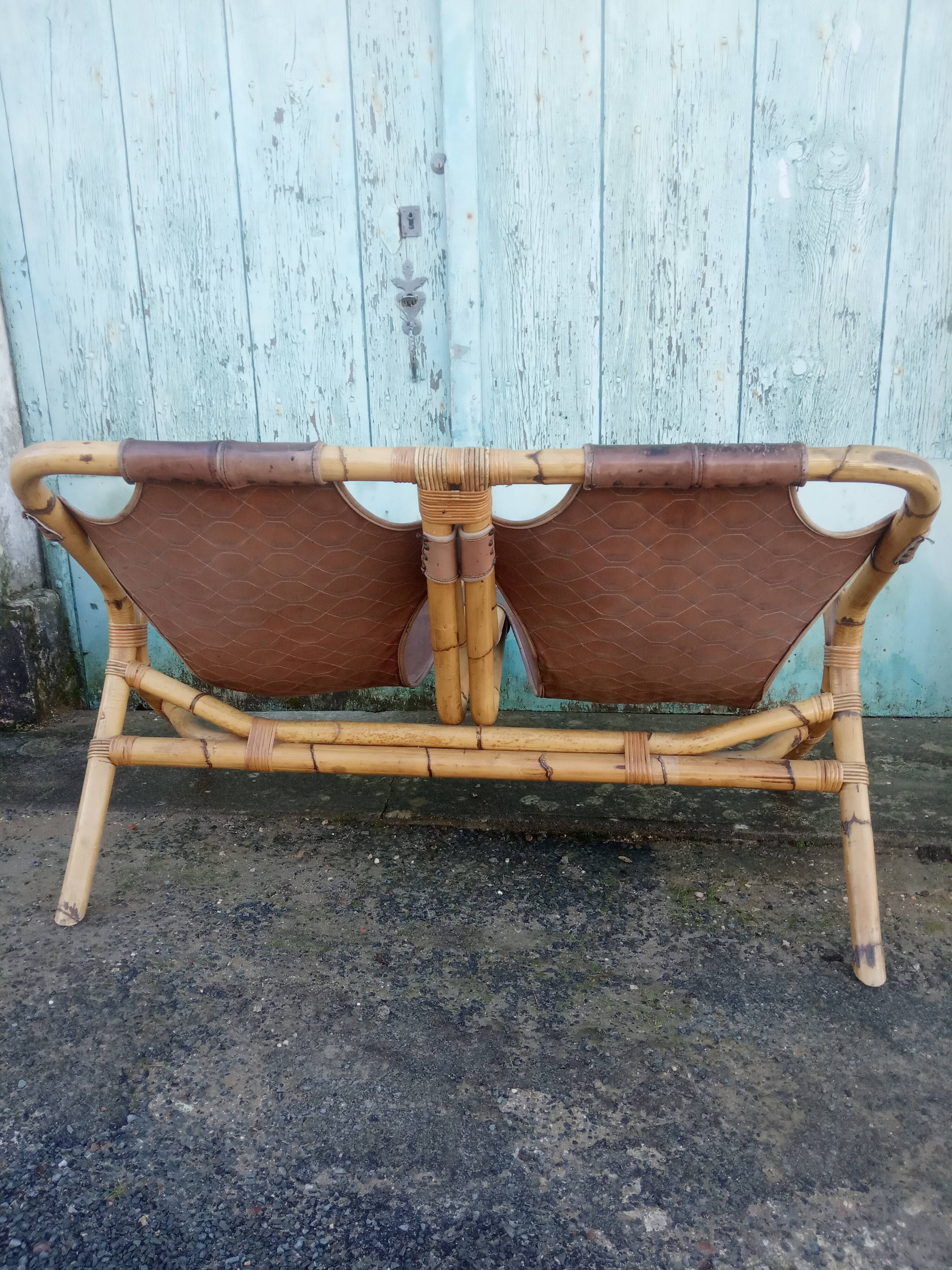 Bench 2 seater Rohe Noordwolde 60s rattan and leather