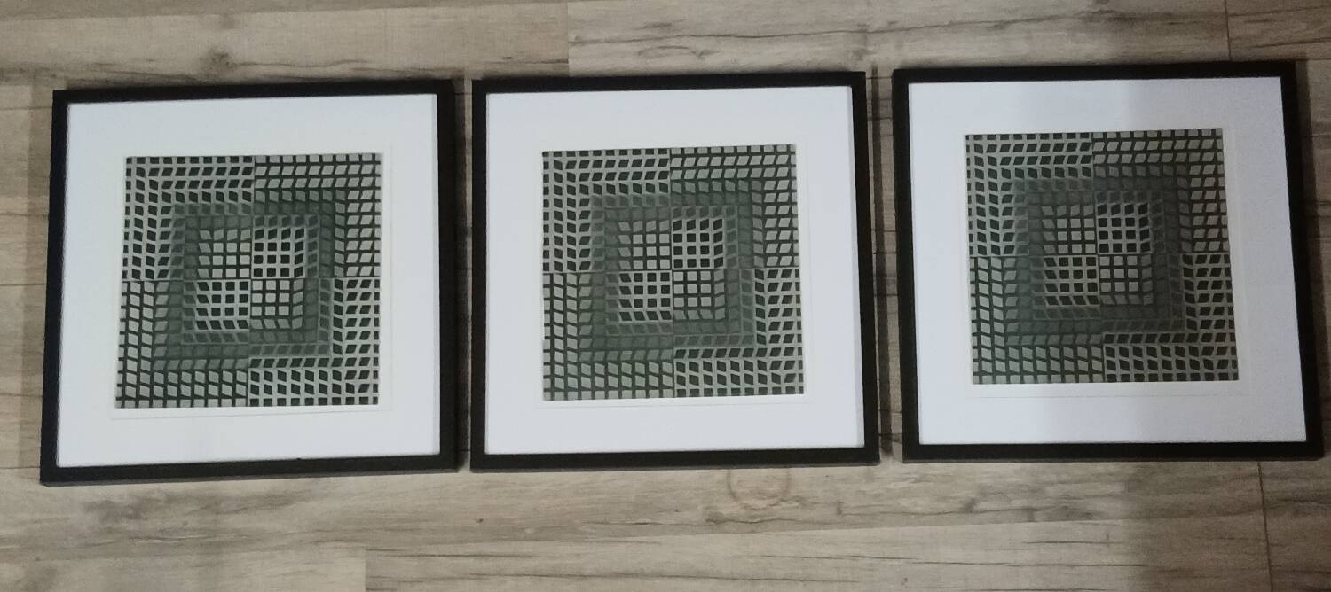 Trio Vintage Optical Art Tableaux - Victor Vasarely - Frames 40x40cm