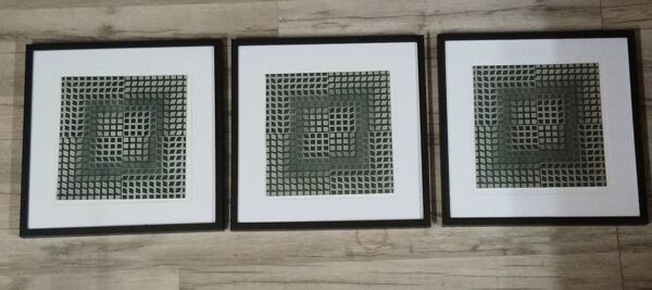 Trio Tableaux Vintage Art Optique - Victor Vasarely - Cadres 40x40cm