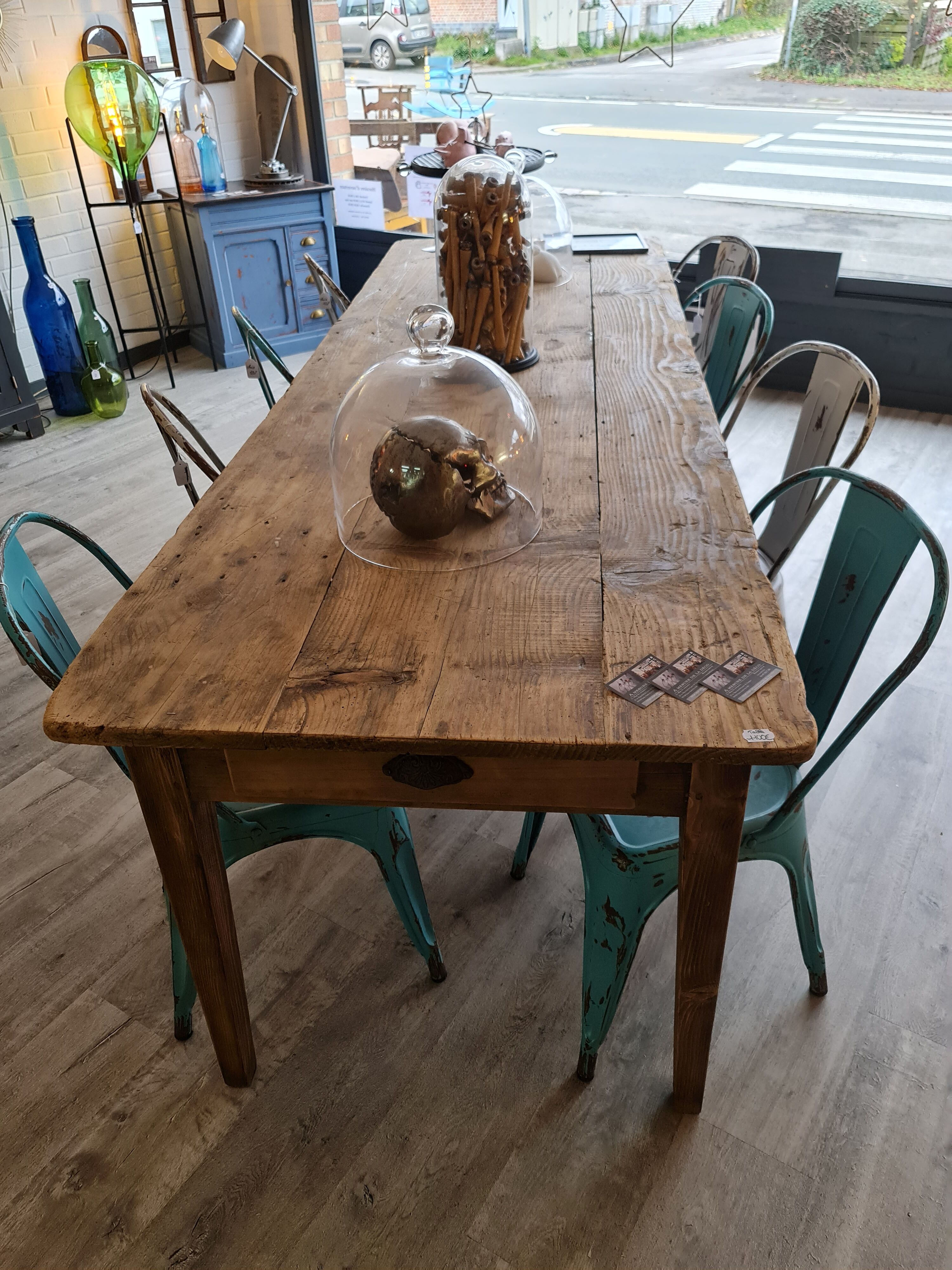 Large antique farmhouse table with a drawer