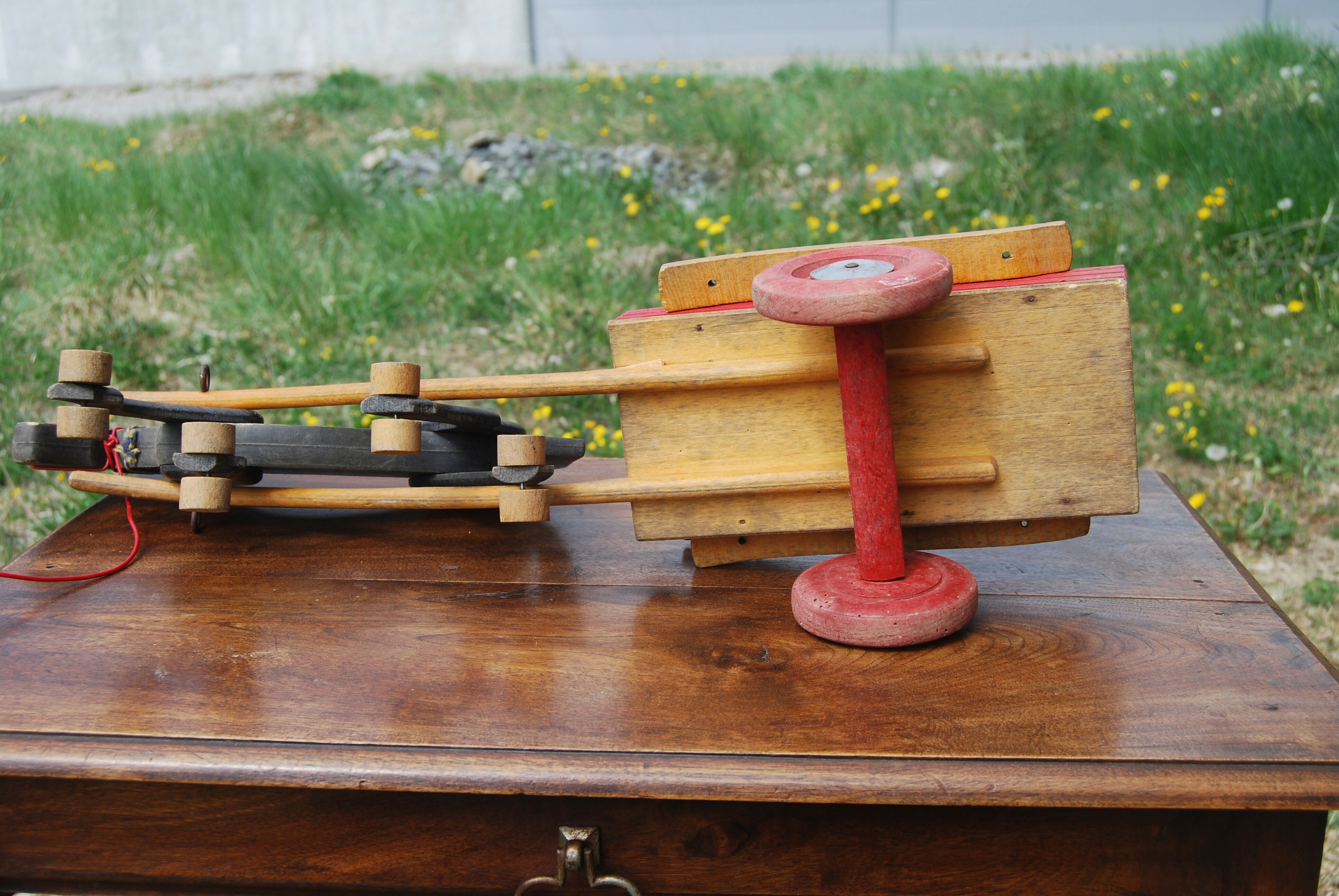 Old wooden toy Dejou. Hitch, horse and cart.