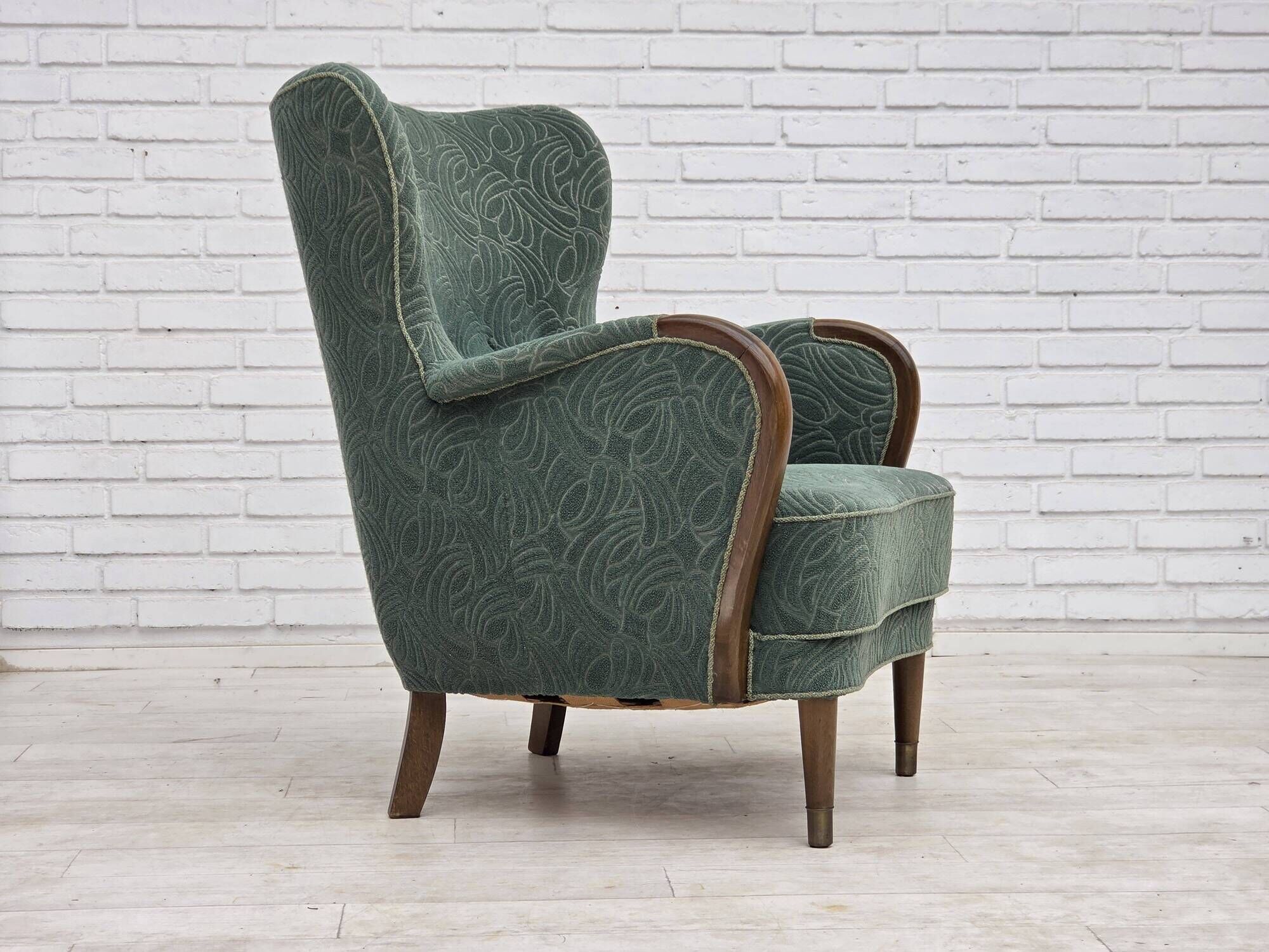 1960s, Danish armchair, green furniture velour, beech wood.