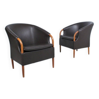 Pair of vintage scandinavian armchairs brown leather opus 1982 sweden