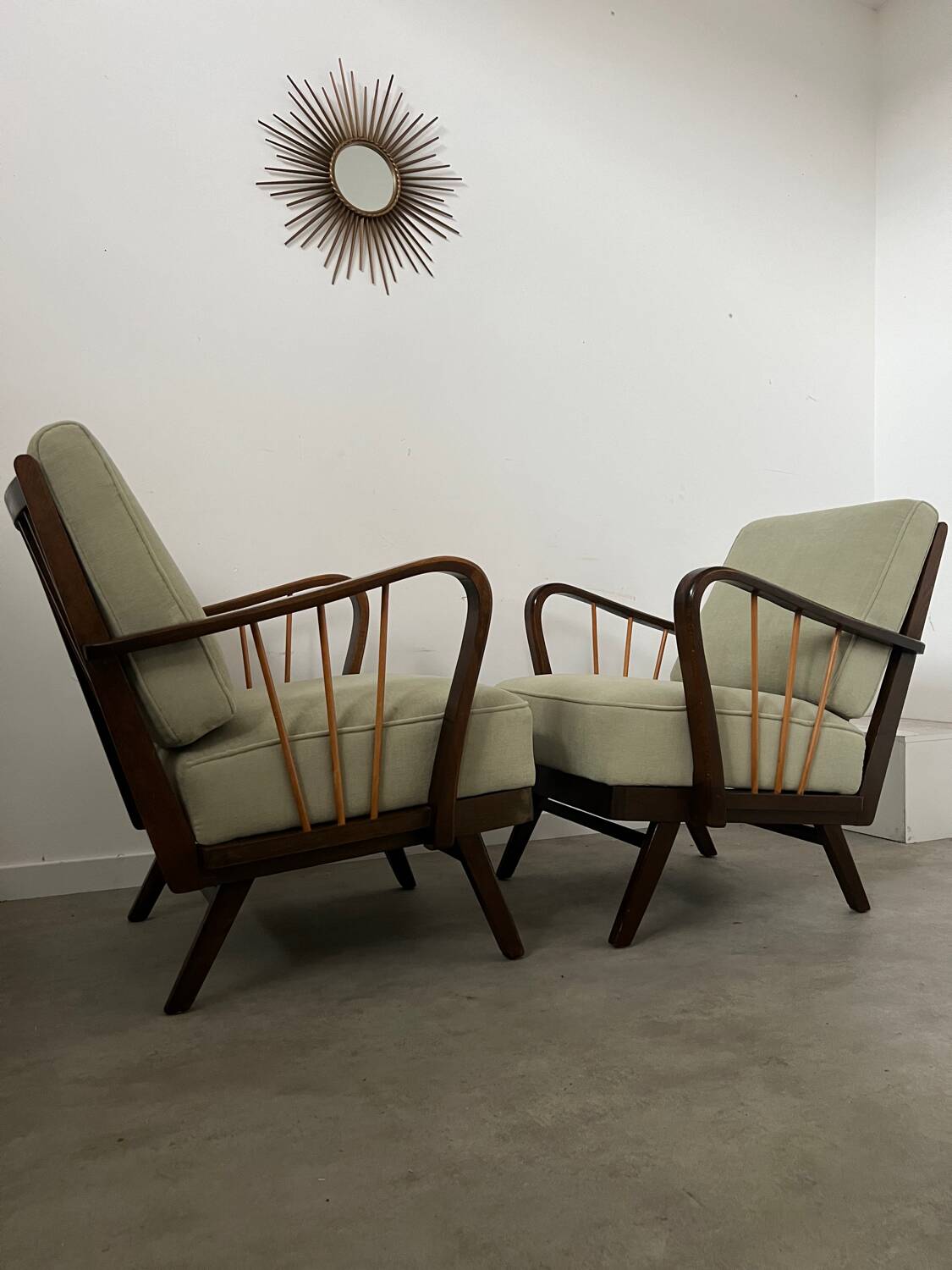 Set 2 old designer fireside chairs from the 50s wood and vintage fabric