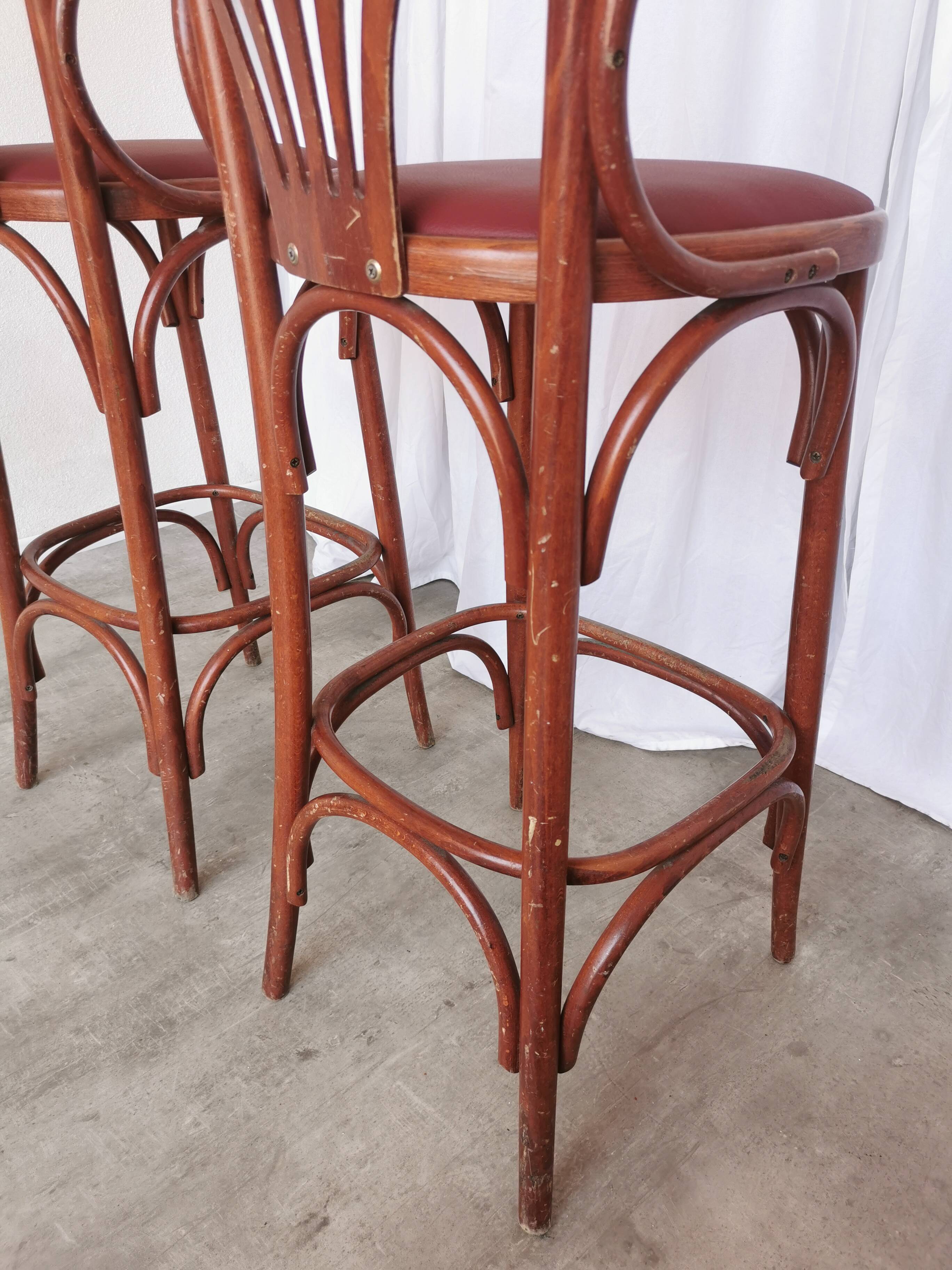 Set of 2 Vintage Bar Chairs: Red Leather Seat, High Pub Stools