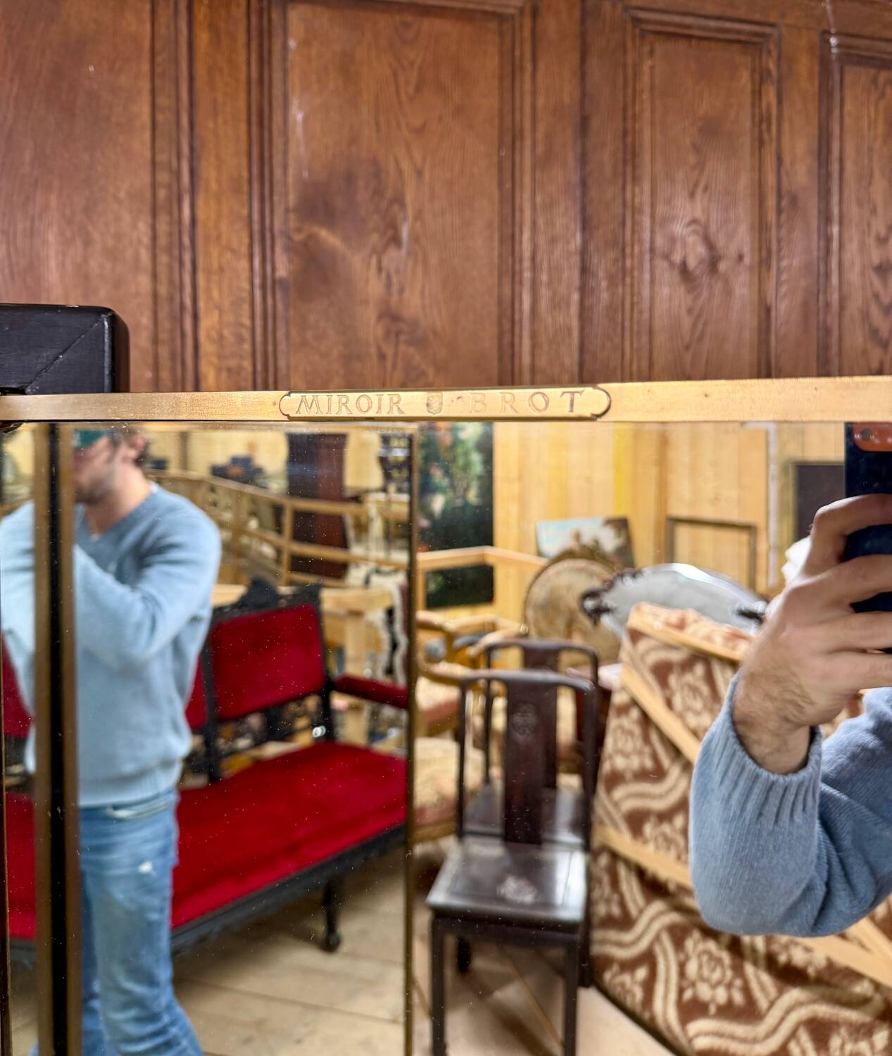 Brot mirror on legs, triptych glass in blackened wood, brass, Art Deco