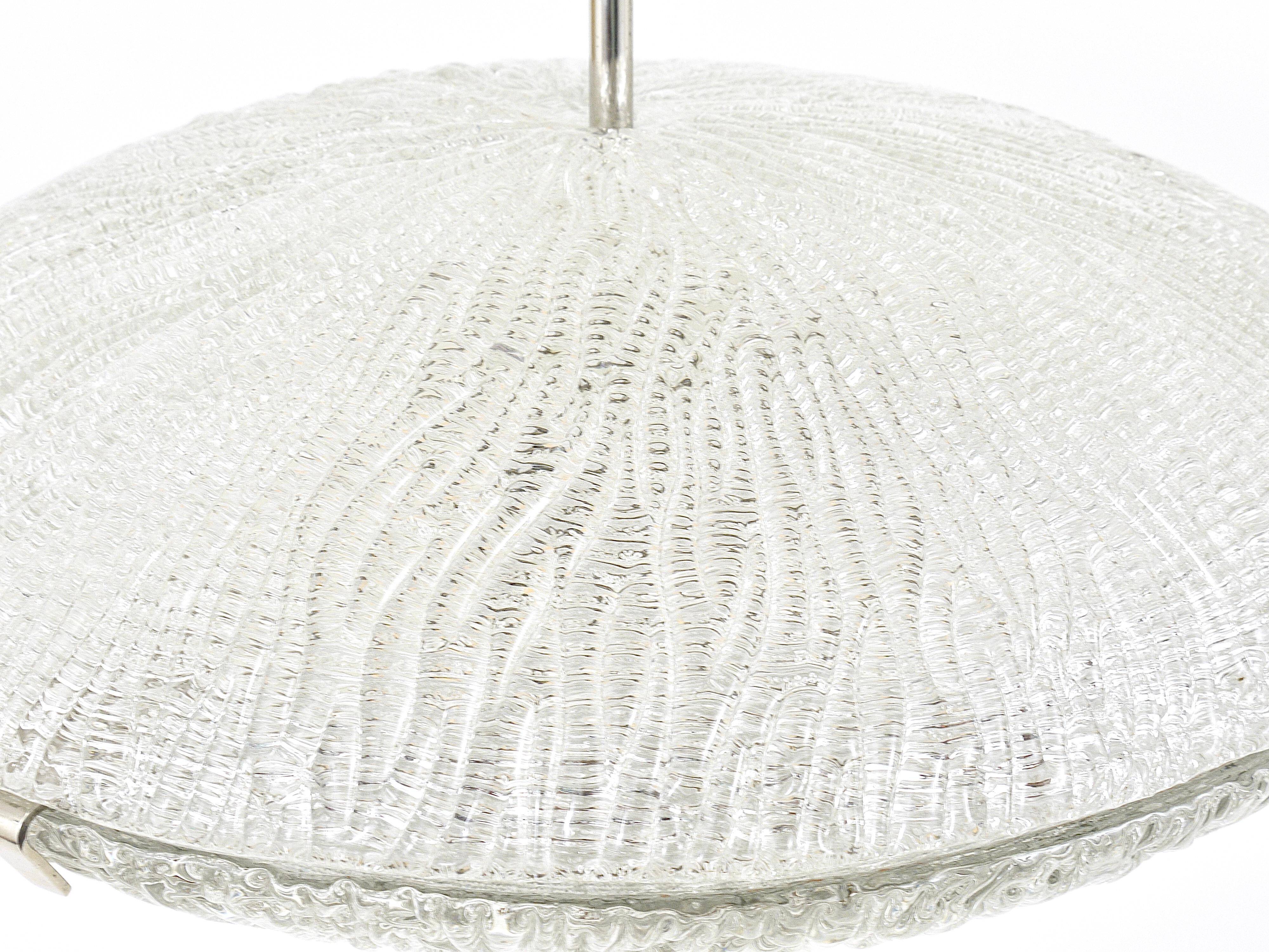 Mid-century Textured Glass and Nickel Kalmar Discus Chandelier, Austria, 1950s