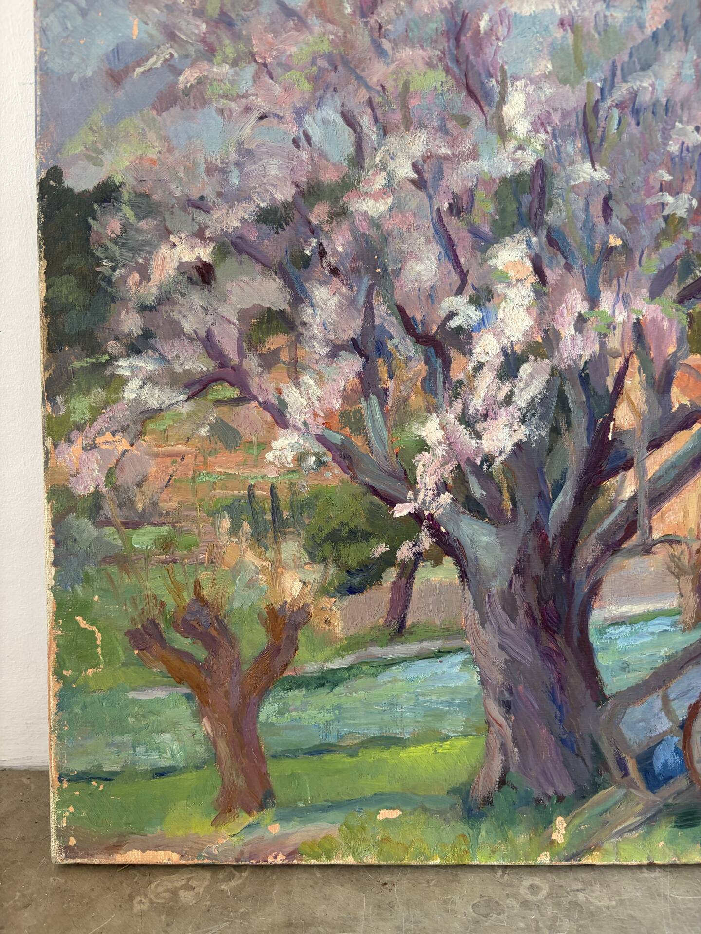 Under the cherry tree in bloom, oil on canvas signed Lacas.