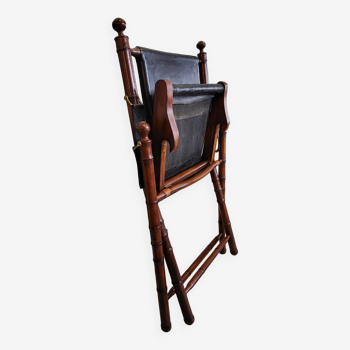 Colonial style folding leather and teak armchair