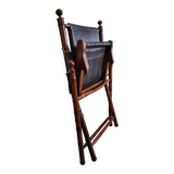 Colonial style folding leather and teak armchair