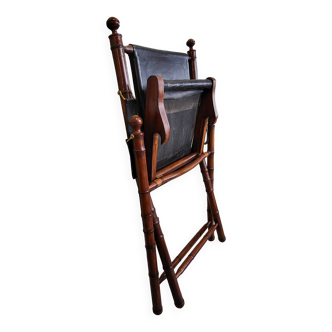 Colonial style folding leather and teak armchair