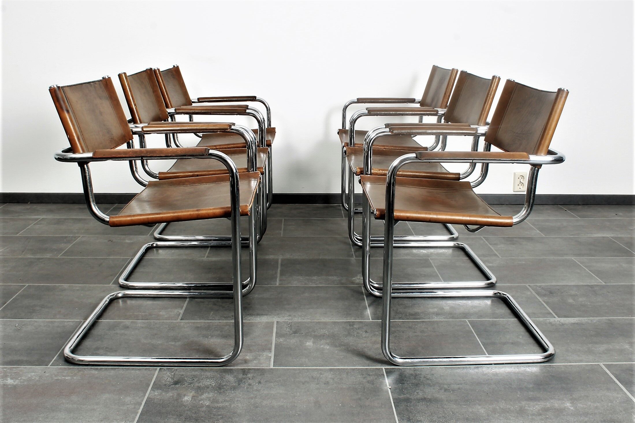 Set of six brown leather cantilever chairs Mart Stam