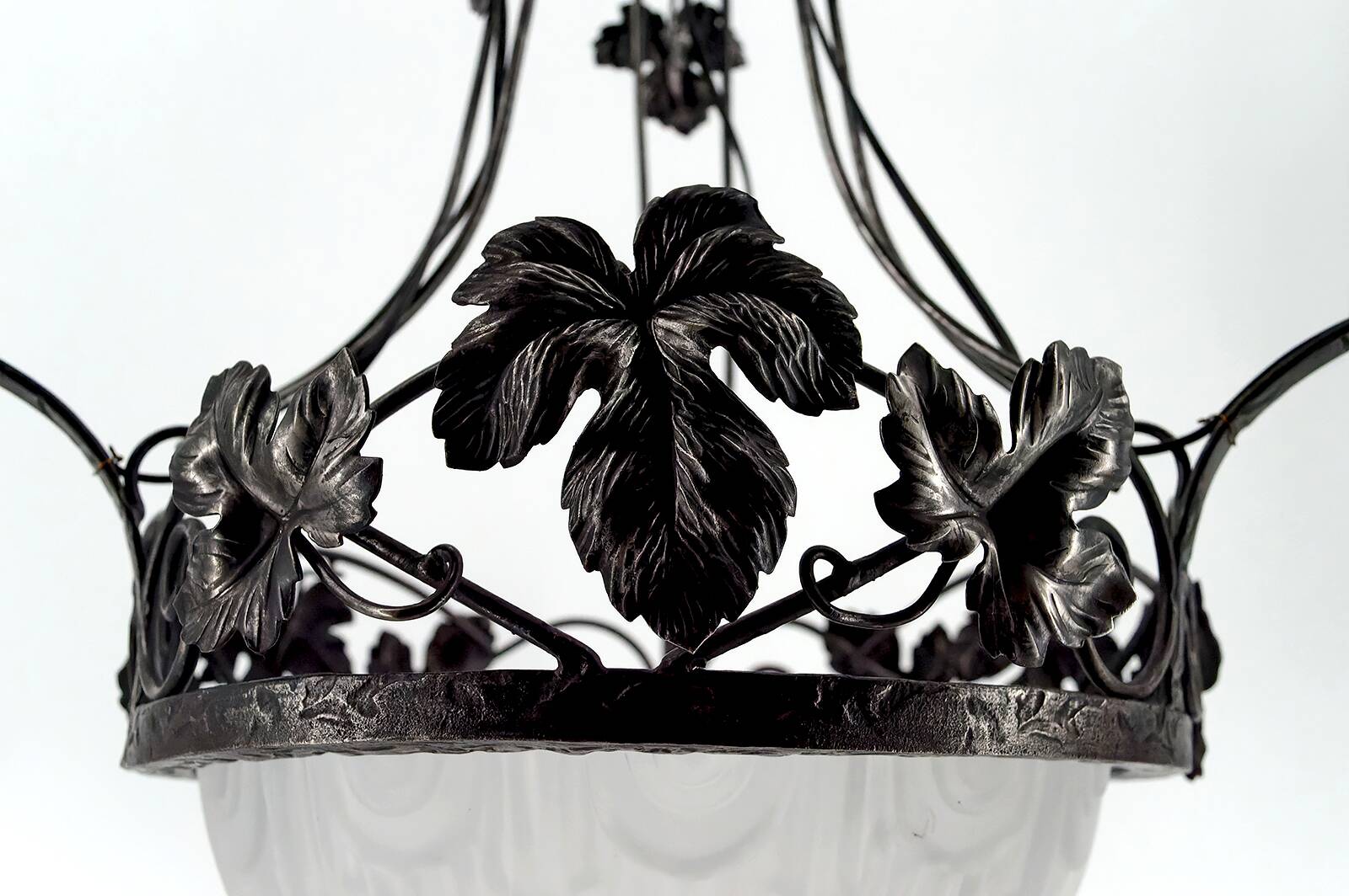 Wrought iron chandelier, tulips / pressed-molded glass bowl, Art Deco, 1930