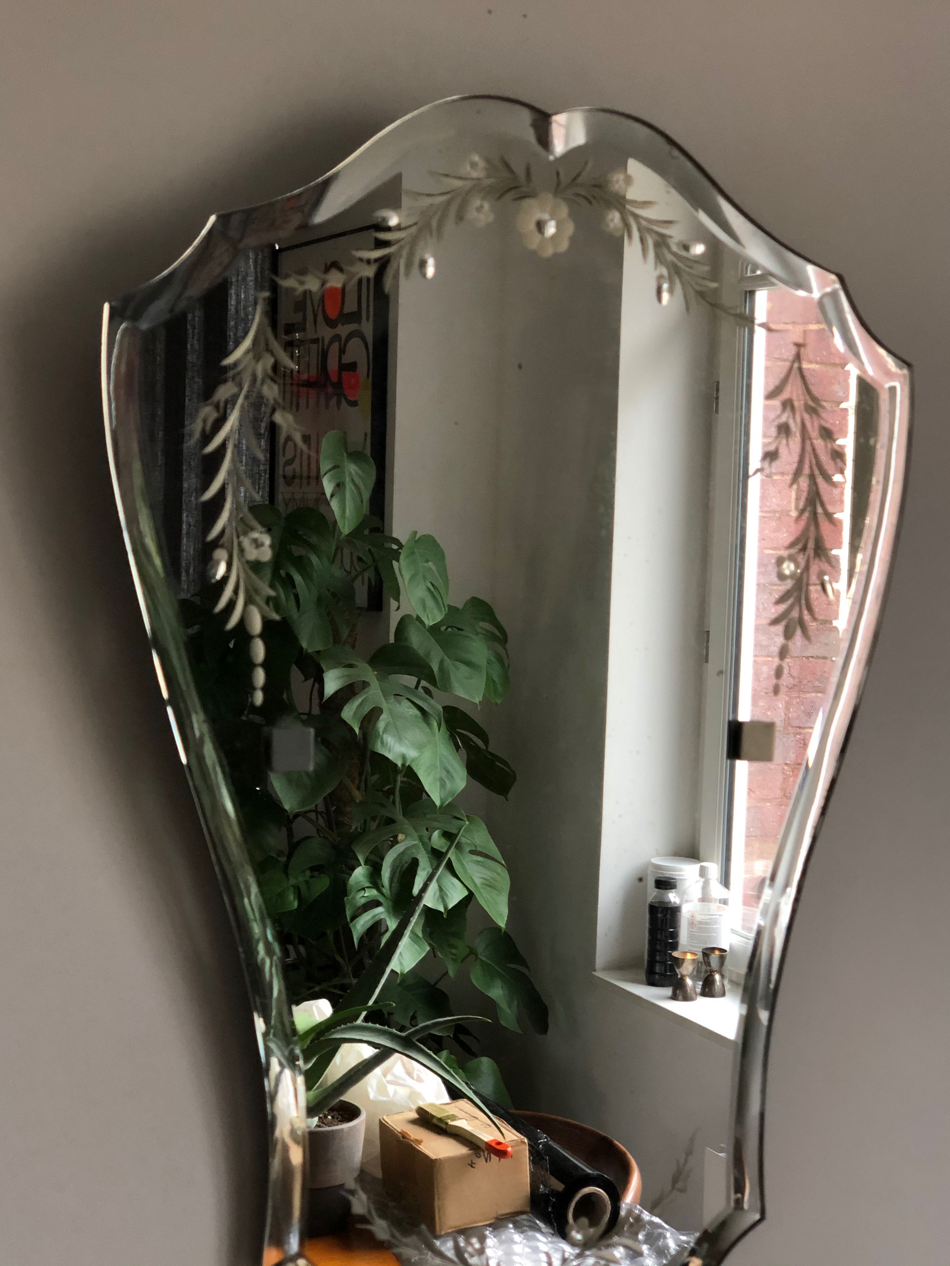 Old bevelled and engraved mirror   43x63cm