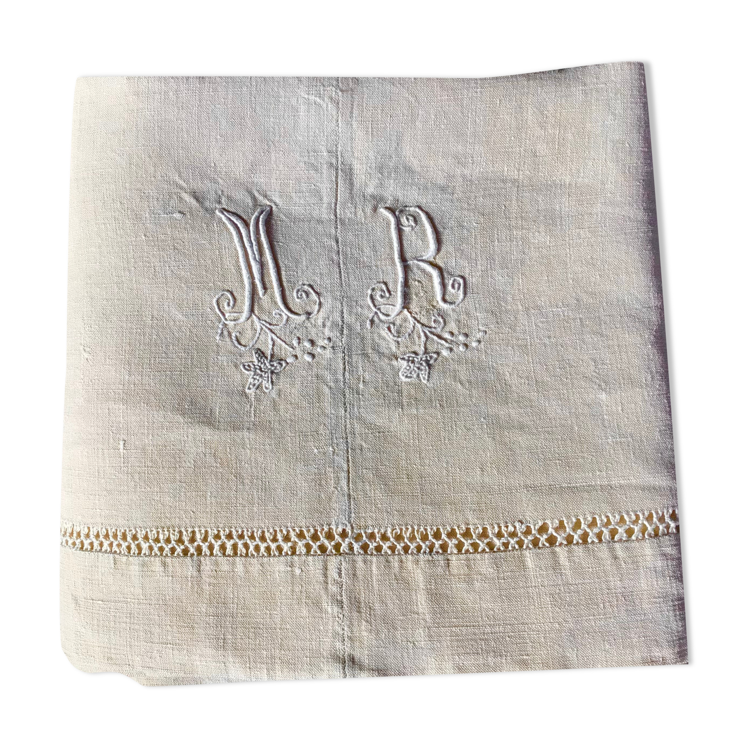 Hemp sheet embroidered MR very old seam central days crossed