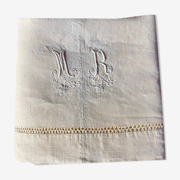 Hemp sheet embroidered MR very old seam central days crossed