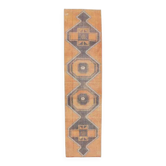 Tapis de couloir vintage orange géométrique turc noué à la main 87x348 cm.