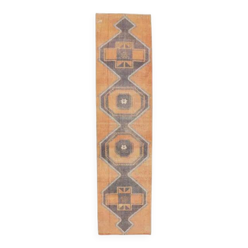 2'9x11'4 vintage orange geometric Turkish hand-knotted runner rug 87x348