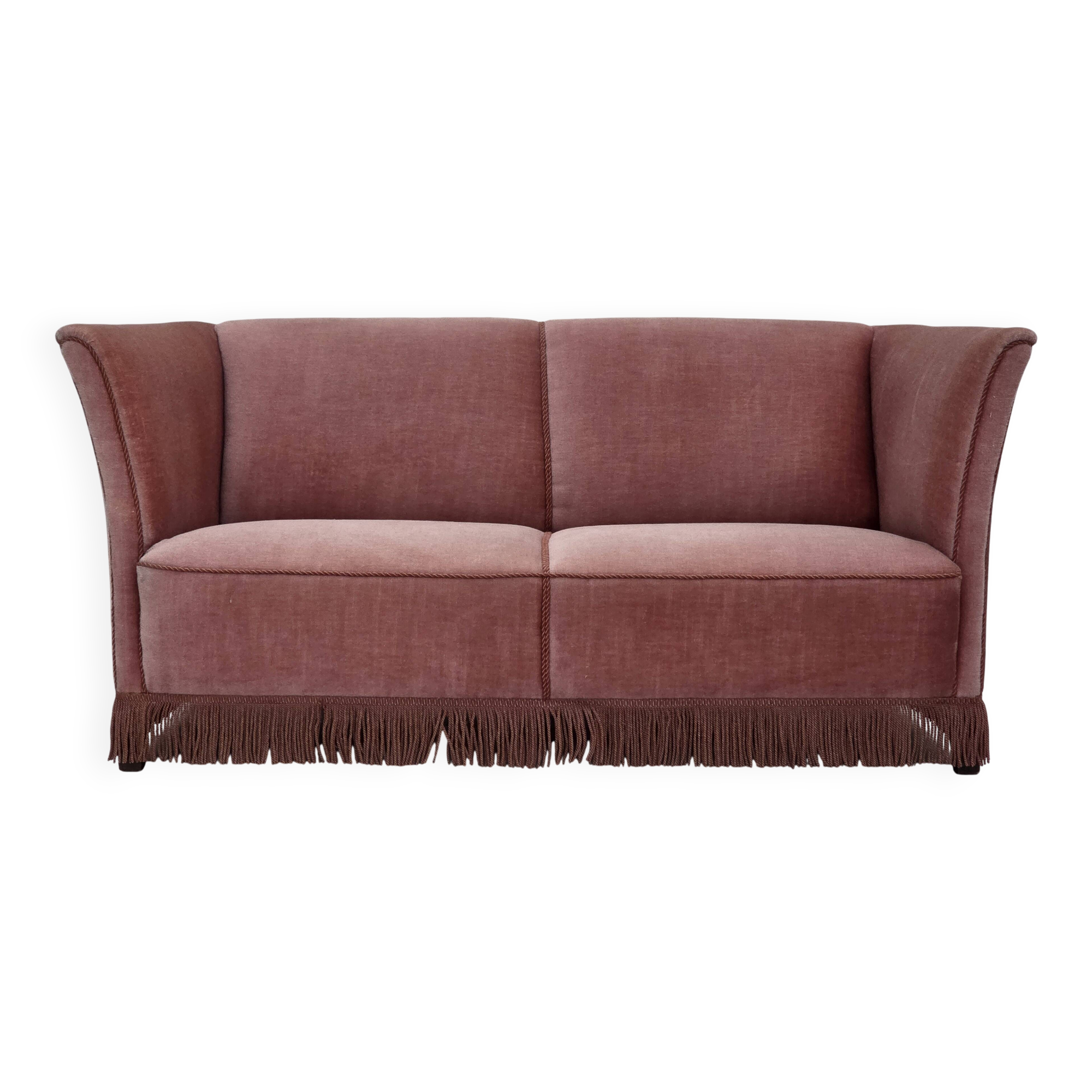 1970s, Danish 2-seater sofa, original salmon pink furniture velour.