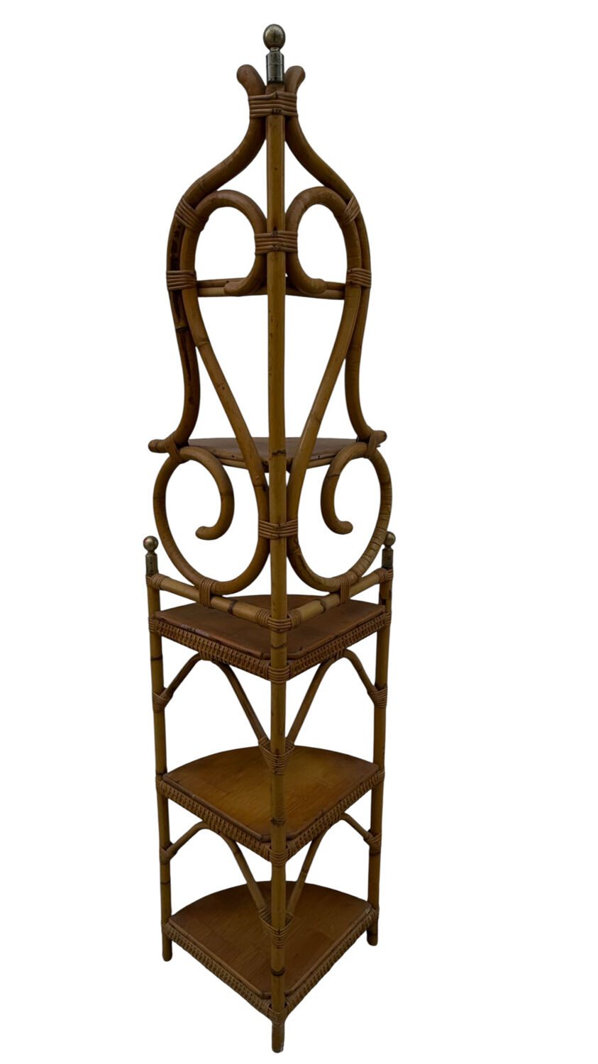 Magnificent 1960s French rattan corner shelf.