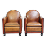 Set of 2 beautiful cognac-colored sheepskin Art Deco armchairs