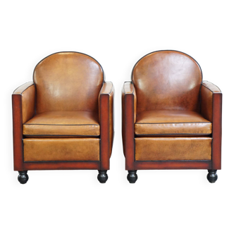 Set of 2 beautiful cognac-colored sheepskin Art Deco armchairs