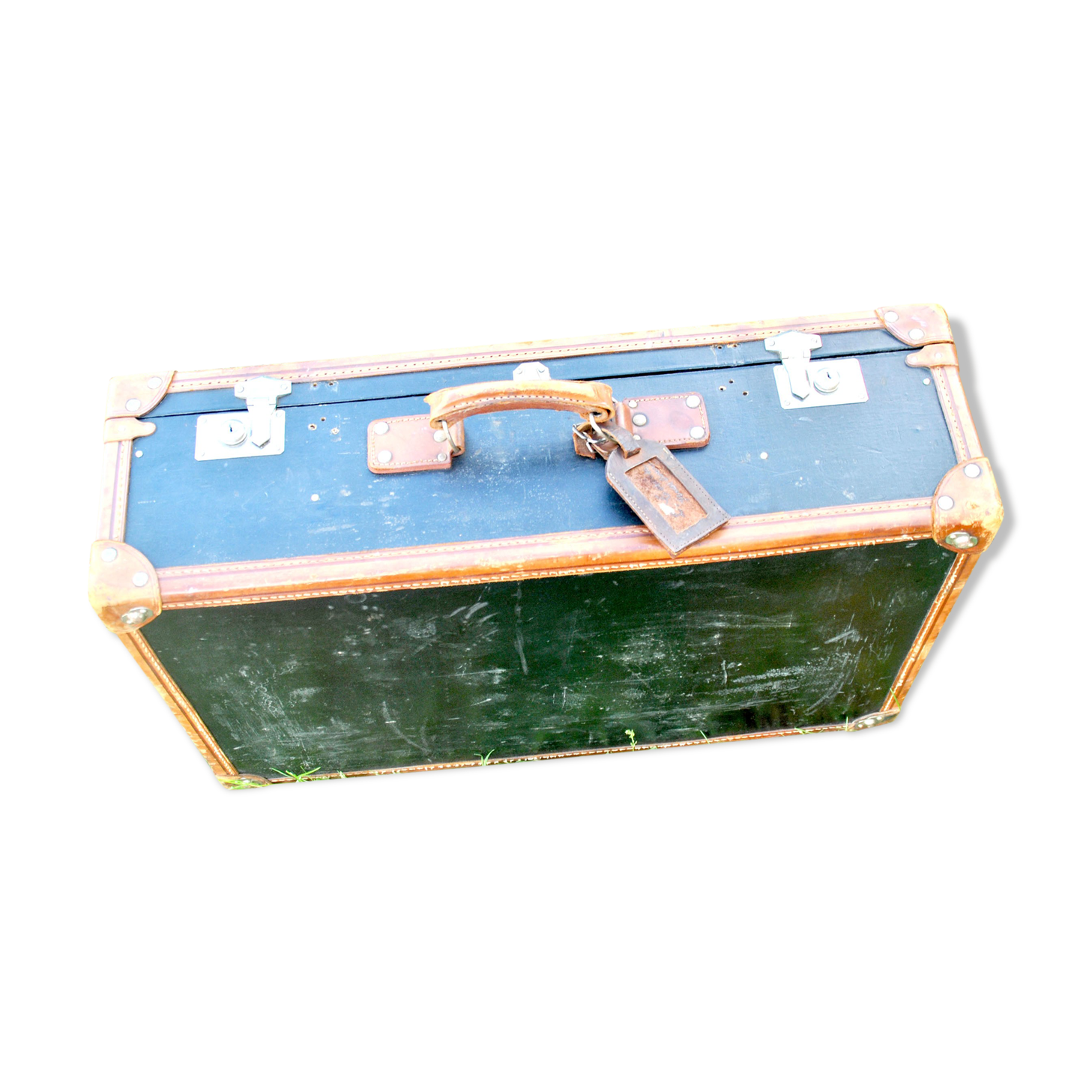 Suitcase old trunk in black coated canvas and wood - handle leather 1900-1920