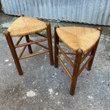 Pair tripod stool vintage design wood and straw
