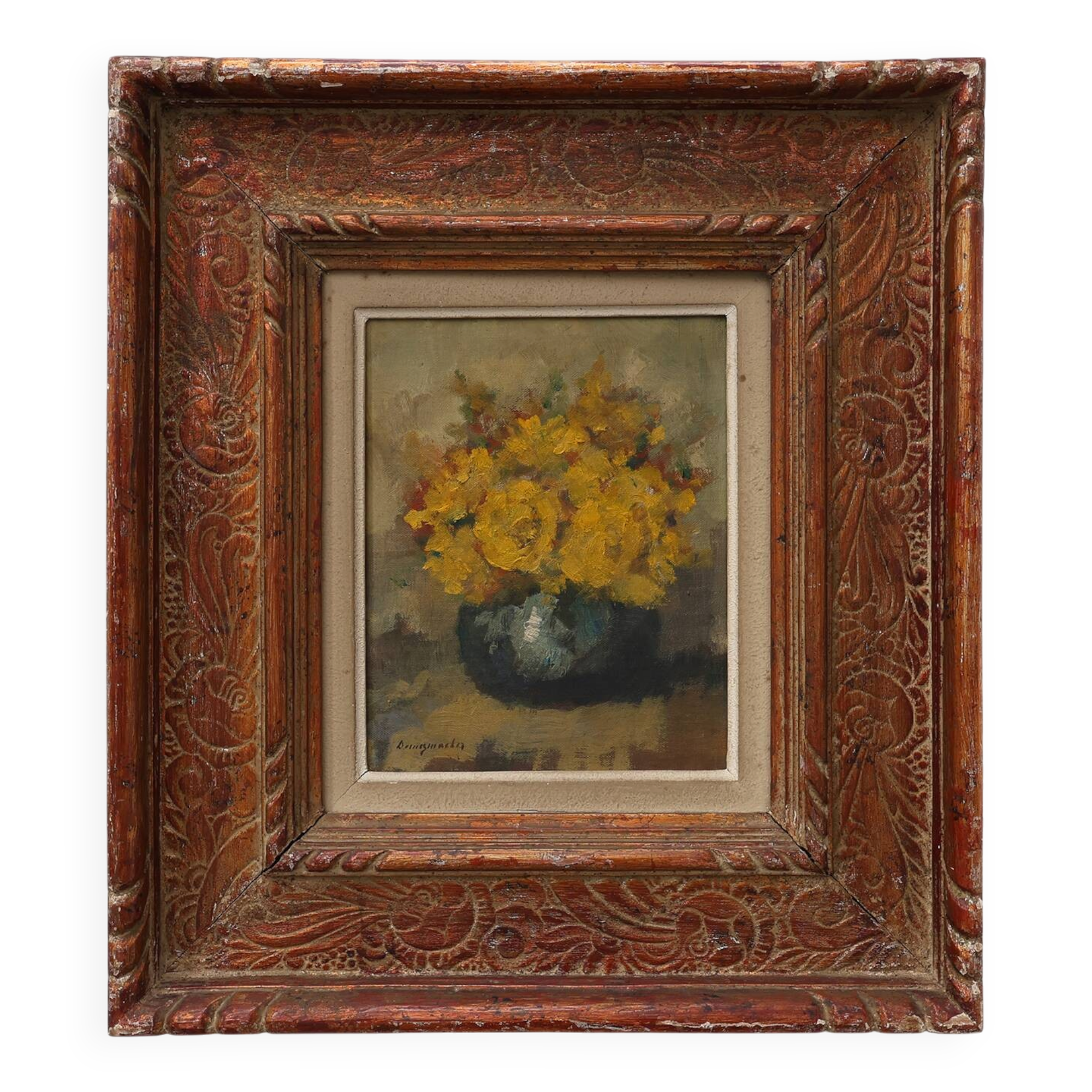 Still life with yellow flowers in a vase, ca. 1930-1950