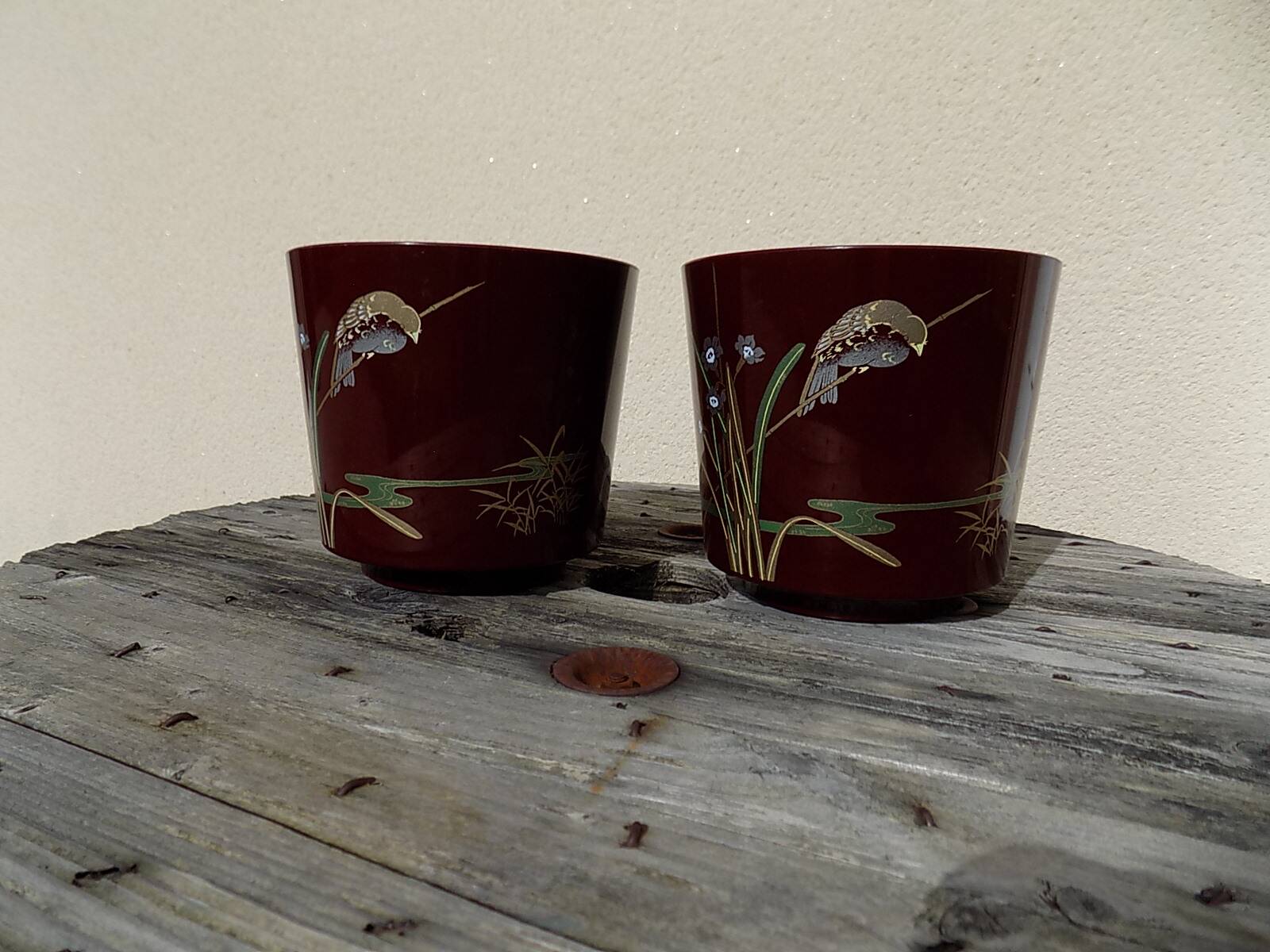 Pair of vintage Asian patterned flowerpots from the 1980s