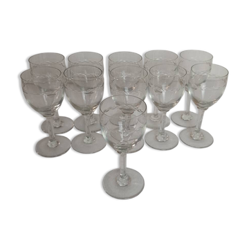 11 antique engraved crystal liqueur glasses