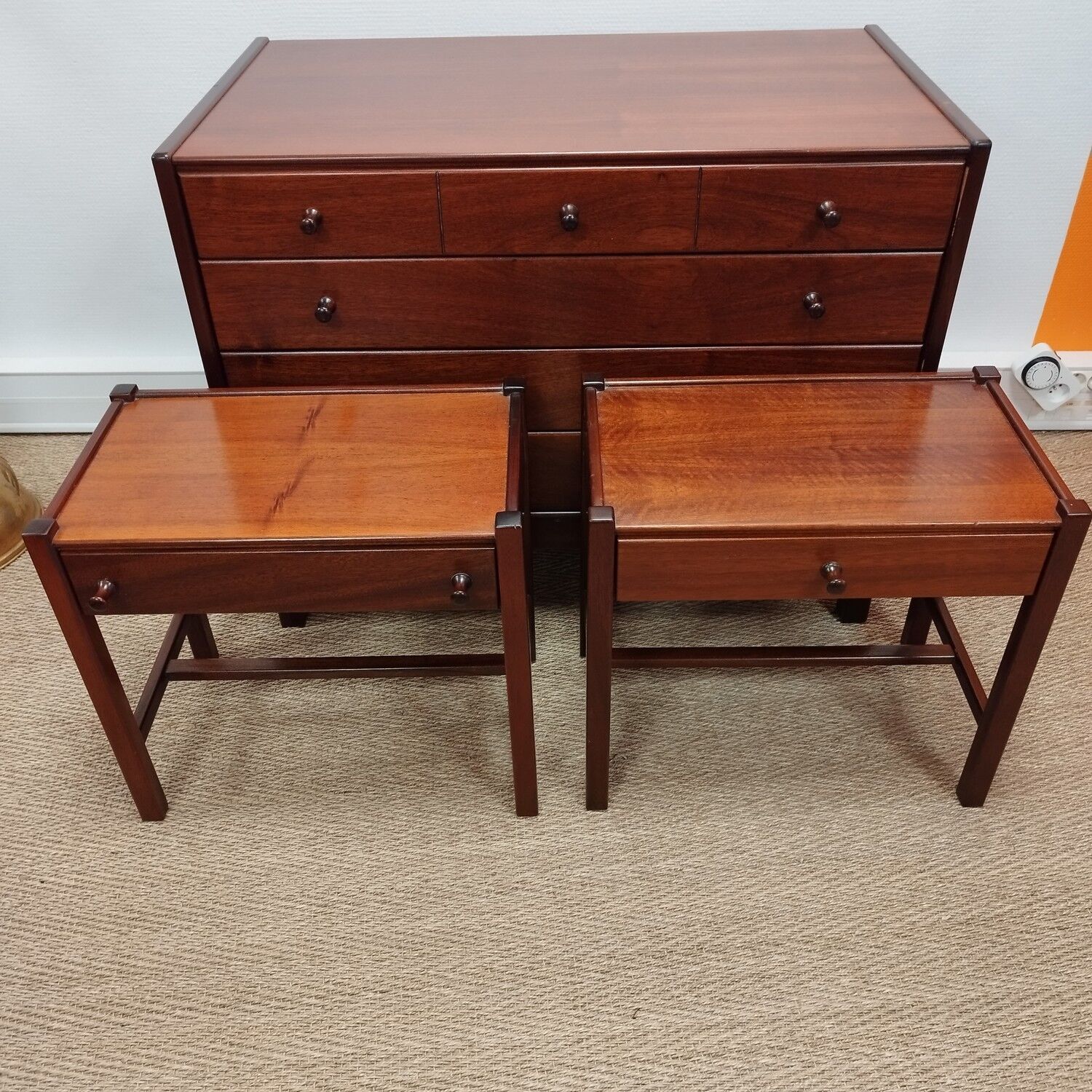 Pair of solid walnut bedside tables, design by Jacques Hauville for Roche-Bobois, 1960