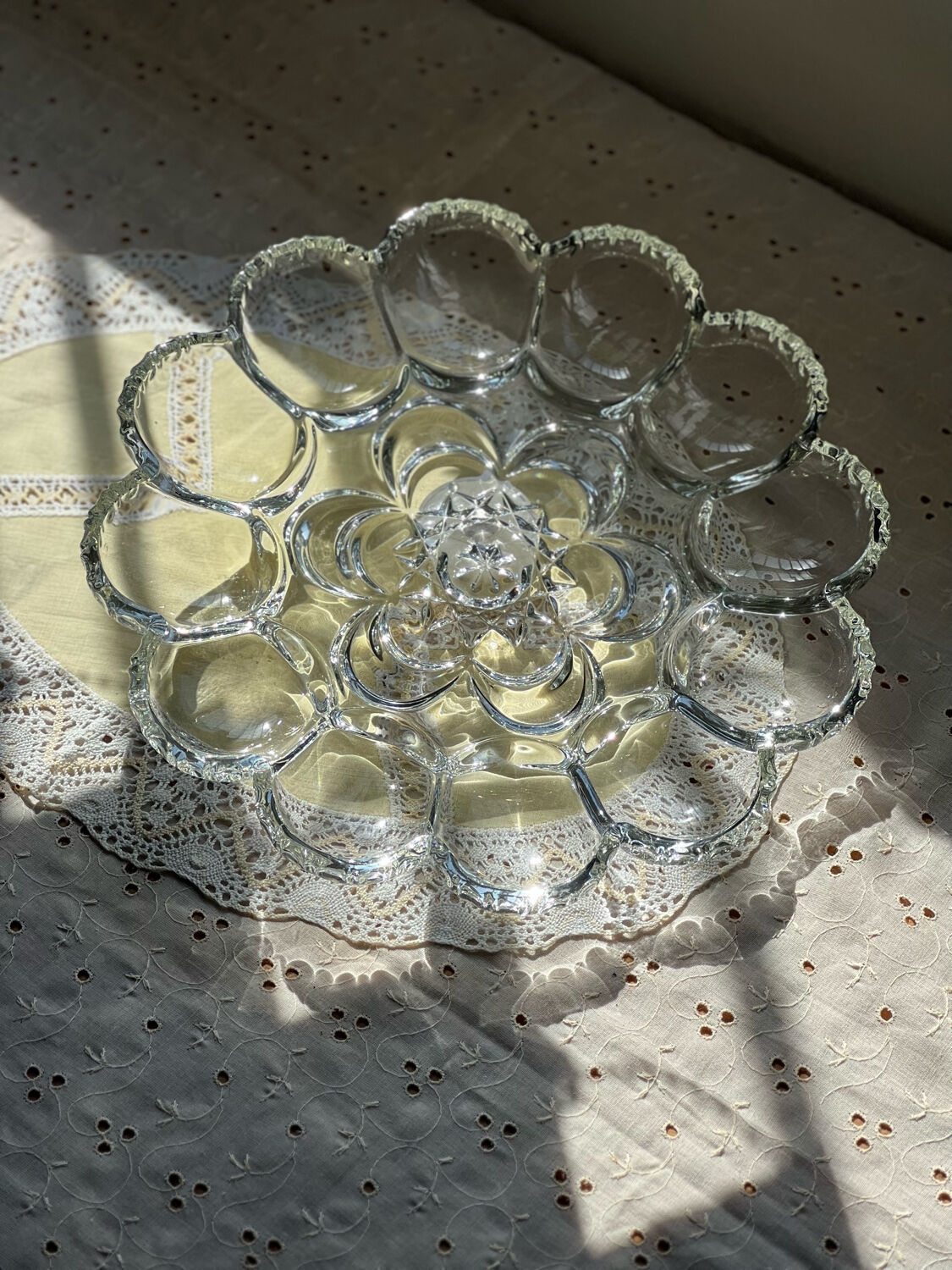 Crystal glass egg dish/tray by August Walther Glass