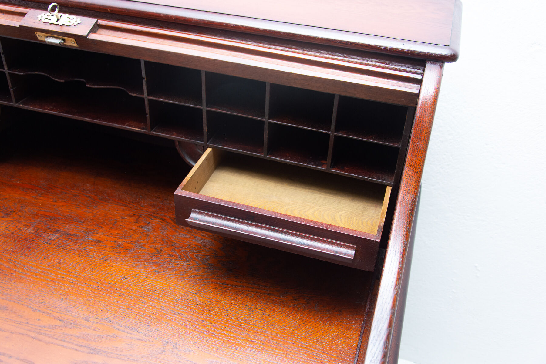 Antique roller blind writing desk 1930s, United Kingdom