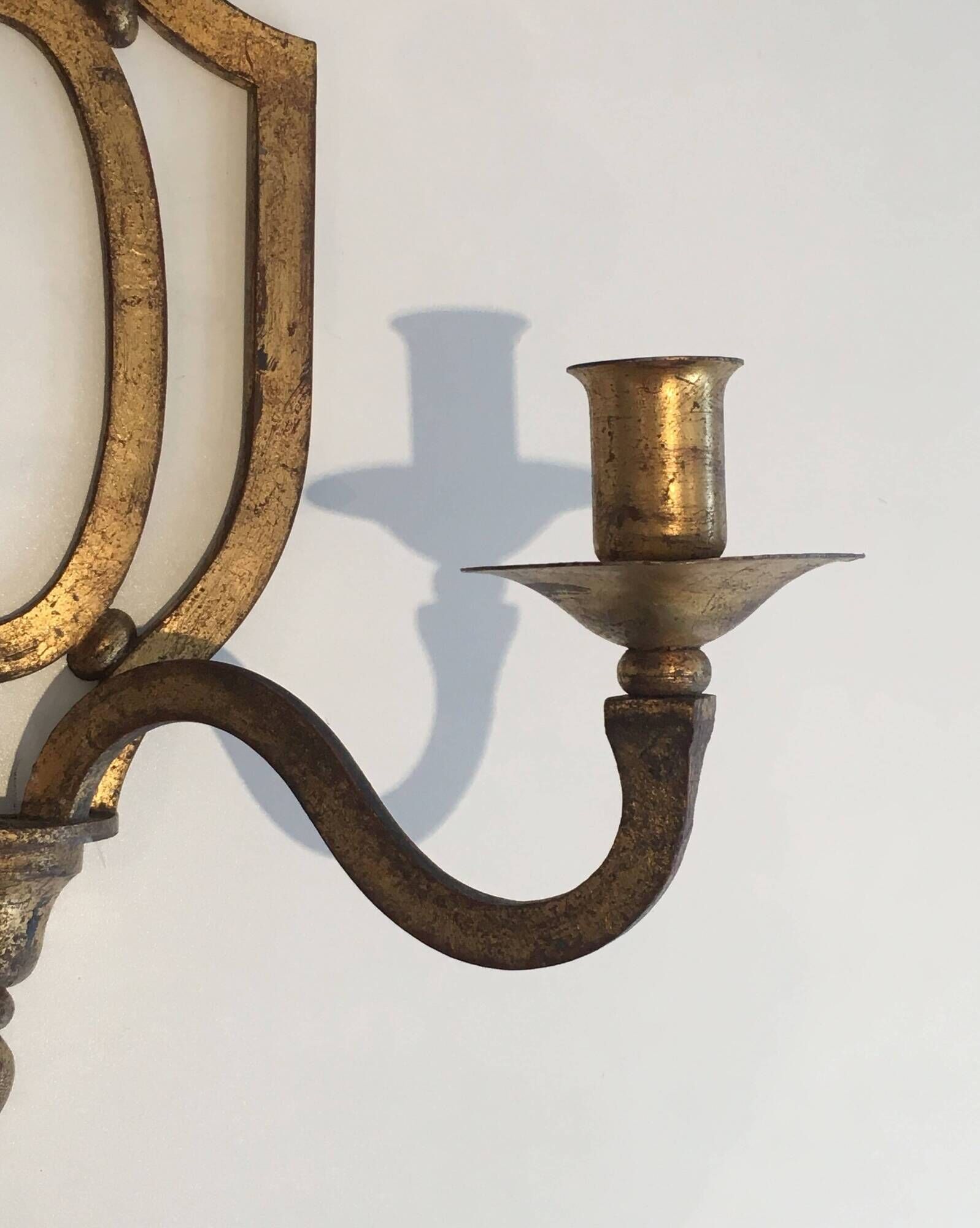 Golden Wrought Iron Wall Light with Oval Shield and Two Arms. French Work.