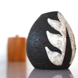 Vintage Danish pottery vase with graphic monochrome design and glazing from Helge Österberg