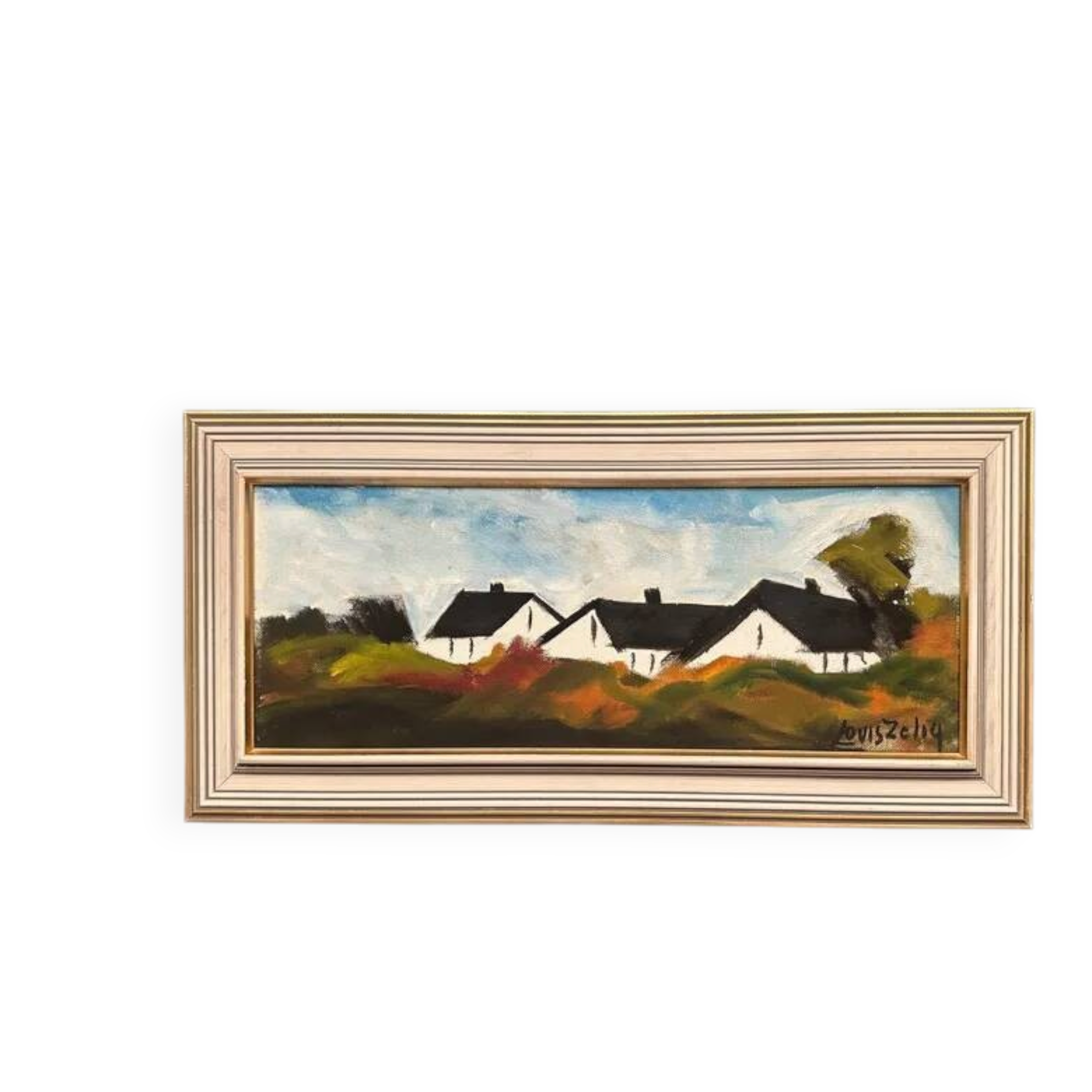 Original Swedish Oil on Panel – “Landscape with Farm” by Louis Zelig – Signed – Vintage & Framed – 78 × 39 cm (30.7" × 15.4")