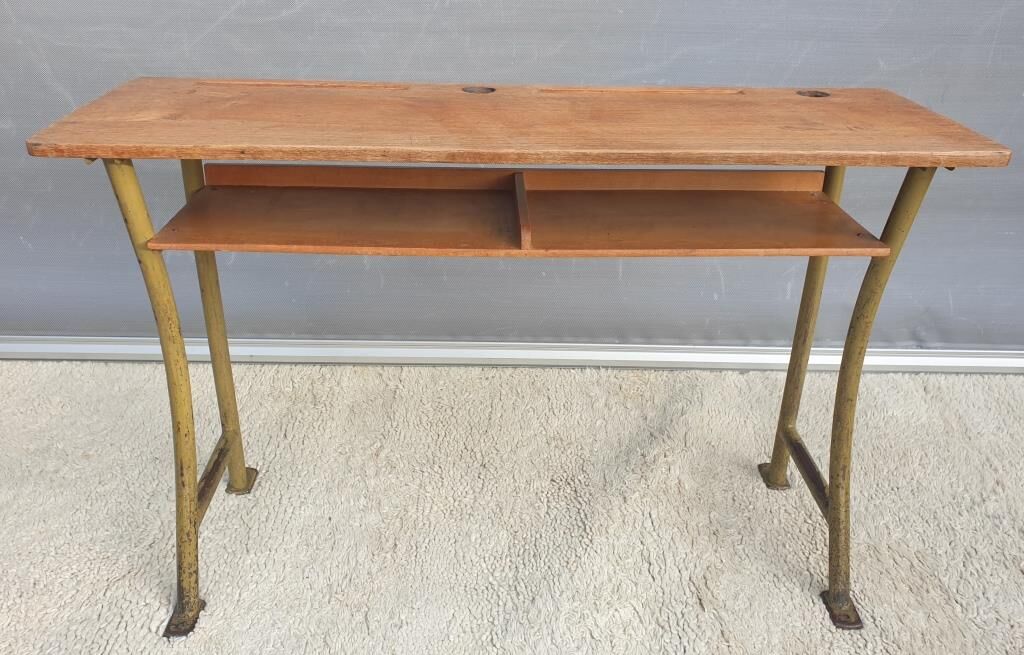 Console desk wood metal vintage curved metal base